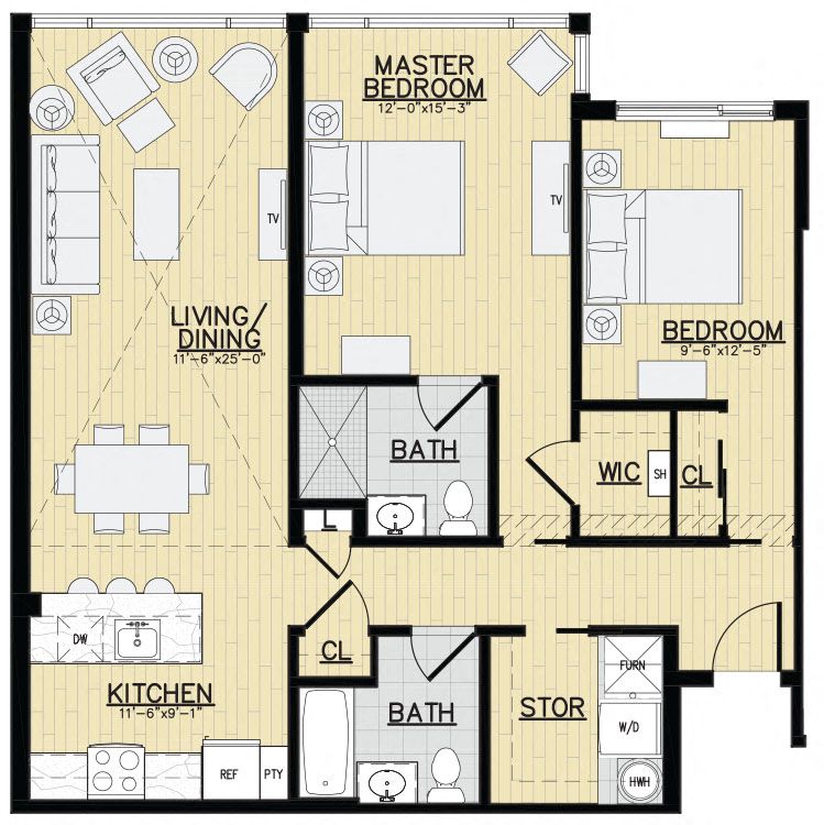 Floor plan for 2 beds, 2 baths, 1142 sqft